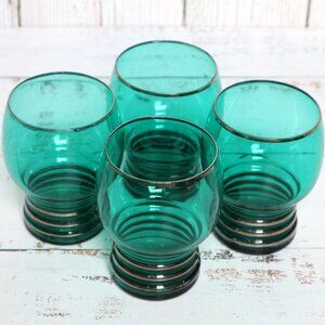 Vintage Art Deco Green Glasses Set Platinum Silver Tumblers Stemless